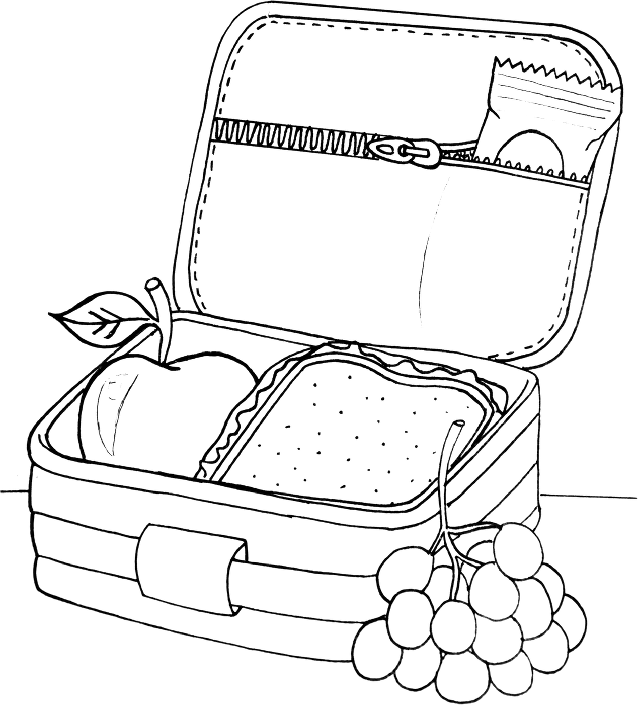 A lunch box filled with an apple, sandwich and grapes.